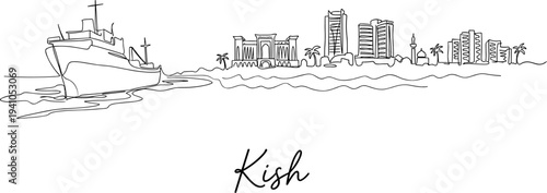 Kish Island Iran skyline with ship and coastal buildings continuous line art vector