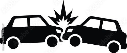 Black and white silhouette illustration of two cars colliding head-on with explosion impact graphic, symbolizing traffic accident, road safety, insurance claims, and collision reports.