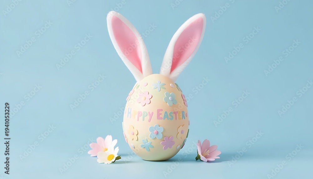 Naklejka premium Happy Easter greeting scene featuring pastel decorated egg and playful bunny ears arranged on a soft blue background for spring celebration and seasonal, created with generative ai