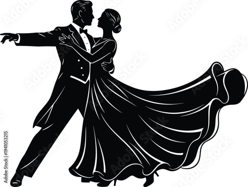 Elegant black silhouette of a romantic couple in evening wear performing a graceful ballroom dance, perfect for wedding, gala, or formal event celebration designs.