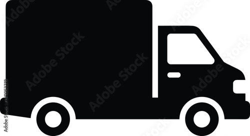 Black silhouette delivery truck icon representing shipping, logistics, and transportation services for e-commerce, courier companies, and freight businesses in modern digital applications.