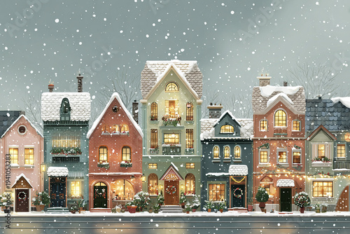 Winter snow falling on charming colorful townhouses with warm glowing windows and festive decorations creating cozy holiday atmosphere in quiet street scene