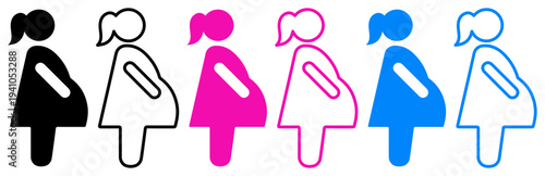 Vector illustration of six stylized pregnant woman icons in black, pink, and blue, outlined and filled. Ideal for maternity, health, or medical design.