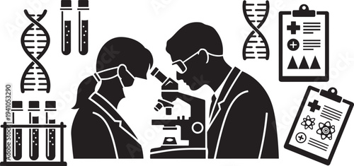 Scientists in lab coats working with microscope and dna samples isolated on transparent background, Vector