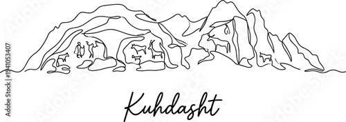 Minimalist mountain landscape of Kuhdasht featuring ancient cave art line drawing vector