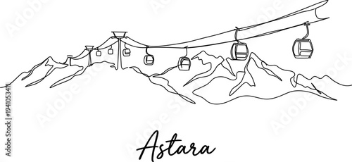 Minimalist one line drawing of Astara cable car over mountain peaks vector illustration