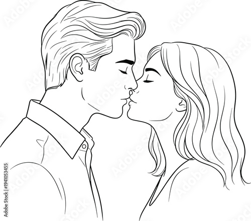 "Romantic line art illustration of couple sharing kiss, intimate black and white drawing symbolizing love, affection, passion, and emotional connection in minimalist style"