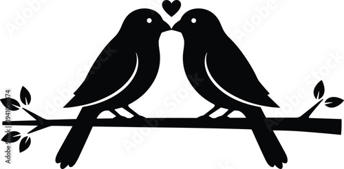"Romantic silhouette of two birds perched on a leafy branch with heart symbol above, symbolizing love, nature, companionship, and affection in minimalist design"