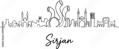 Minimalist Sirjan city skyline continuous line art drawing on white background vector illustration