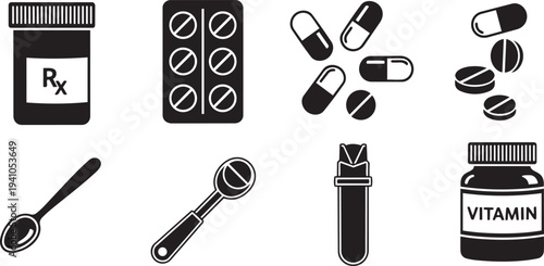 A collection of medication and vitamin related items isolated on transparent background, Vector