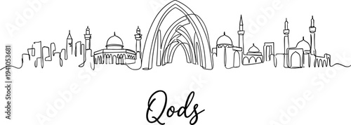 Qods Jerusalem city skyline continuous one line drawing with mosque vector illustration
