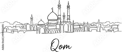 Qom Iran city skyline with Fatima Masumeh Shrine continuous line art vector illustration