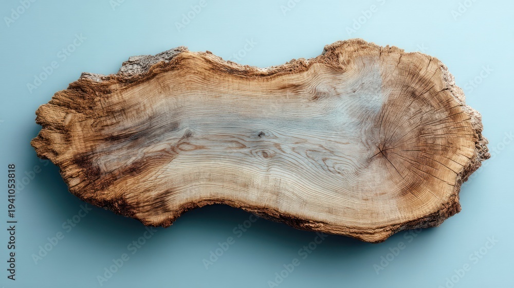 Fototapeta premium Natural wood slab on a blue background for product presentation and design