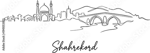 Shahrekord city skyline with mosque and bridge in minimalist continuous line art vector illustration