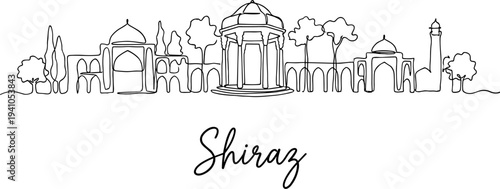 Shiraz city skyline with Persian landmarks in continuous line art style vector illustration
