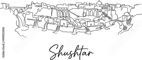 Shushtar Historical Hydraulic System continuous line art drawing on white background minimalist vector illustration