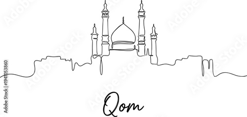 Single continuous line art of Qom Iran city skyline with mosque vector illustration
