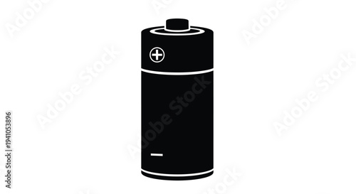 A simple black and white illustration of a cylindrical battery with positive and negative signs