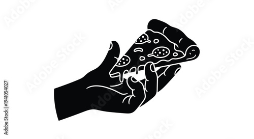 A hand holding a slice of pizza in a minimalist black and white design