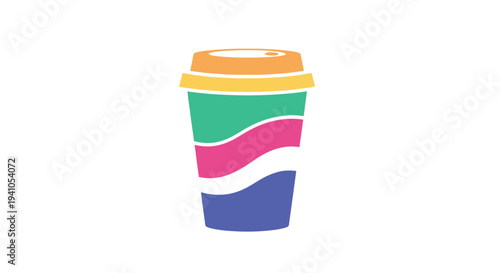 Colorful to go cup illustration with striped design and orange lid