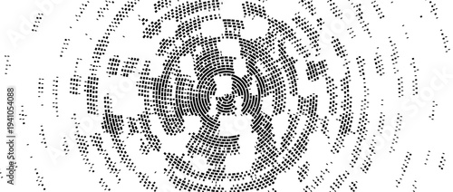 Abstract radial pixelated halftone texture. Black circular pixel explosion background. Moving scattered dotted pattern overlay bg. Fading geometric fragment wallpaper. Vector radial irregular backdrop