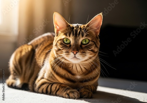 Feline companion with striking green eyes rests bathed in warm, directional sunlight indoors