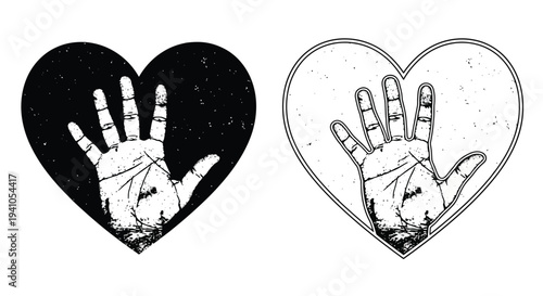 Two heart shaped illustrations featuring hands one dark and one light