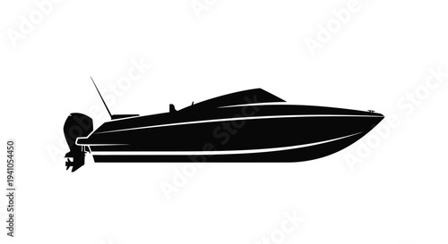 Silhouette of a speed boat with an outboard motor against a white background