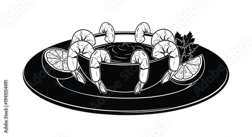 Shrimp cocktail served on a black plate with lemon wedges and garnish