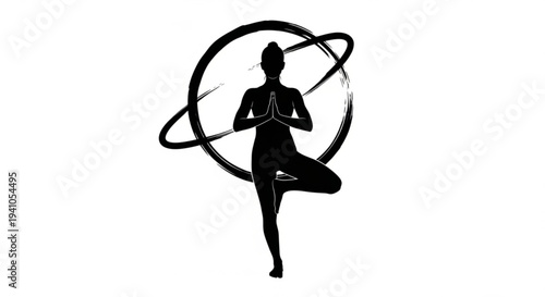 A person practices yoga in front of futuristic structures with technology icons.