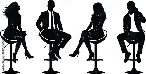 Business people sitting on bar stools silhouettes men and women elegant poses professional lifestyle vector illustration isolated collection