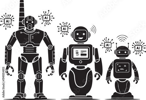 Three robots with artificial intelligence symbols around them standing on a white background isolated on transparent background, Vector