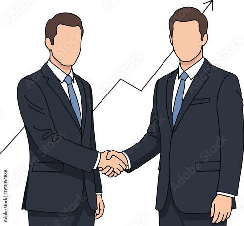 Two faceless businessmen in crisp suits shaking hands firmly in a modern flat art style, symbolizing partnership and successful financial growth with an upward trending graph behind them.