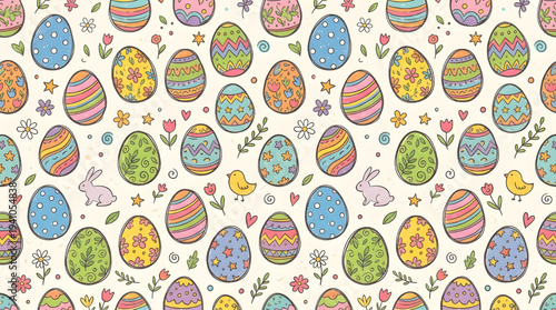 Festive doodle pattern with colorful decorated eggs, adorable bunnies, and spring floral designs for joyful holiday celebrations