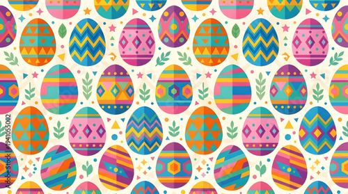 Vibrant and Festive Seamless Pattern of Stylized Easter Eggs with Geometric Designs