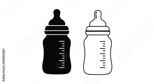 Two baby bottles in contrasting black and white line art depiction