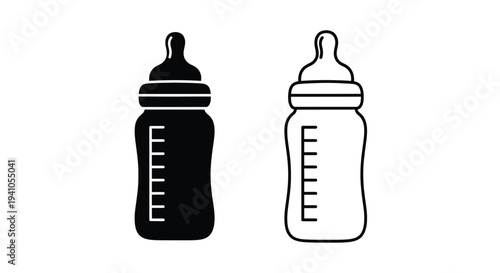Two baby bottles in contrasting black and white line art illustrations