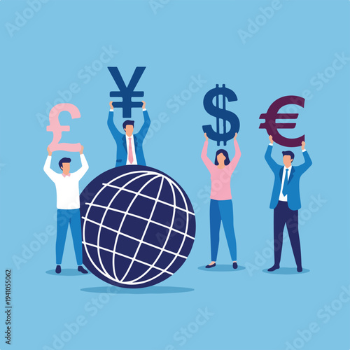 Diverse group of people holding currency symbols around a globe, representing global finance and international business.
