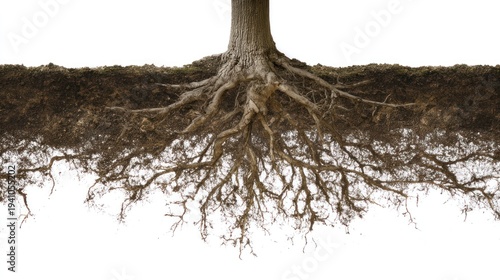 Tree roots and soil illustration on transparent background showing underground network