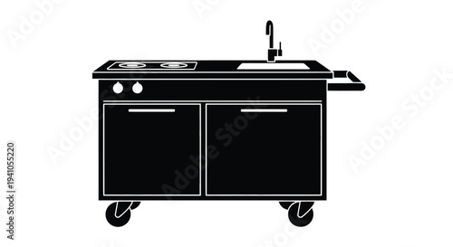 Black and white illustration of a mobile kitchen sink and stovetop unit