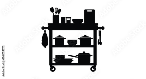 Black silhouette of a kitchen cart with cookware and utensils