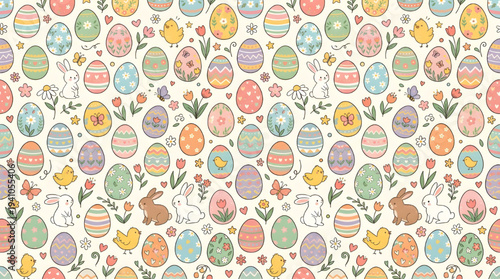 Delightful seamless Easter pattern featuring colorful eggs, playful bunnies, and cheerful spring blossoms