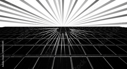 A futuristic grid pattern with converging lines and a central vanishing point viewed from a low angle.