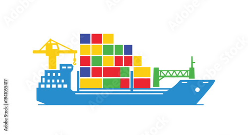 Stylized illustration of a container ship with colorful cargo blocks