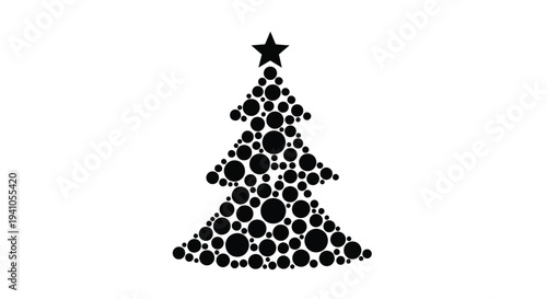 A stylized christmas tree formed from numerous black circles and a star