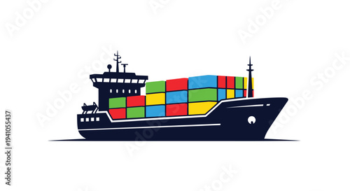Stylized illustration of a cargo ship loaded with colorful shipping containers