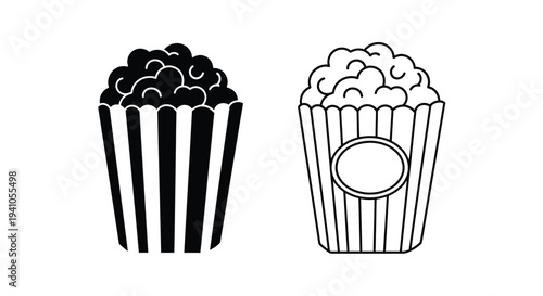 Two black and white illustrations of popcorn in striped containers