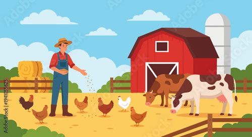 Farmer Feeding Farm Animals

Flat vector illustration of a farmer feeding chickens and cows in a farmyard. Barn, hay bales, and wooden fences visible. Friendly rural scene. Flat vector style, minimal 