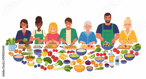 Illustration of diverse people preparing and enjoying various fruits and vegetables for a healthy eating awareness campaign on National Nutrition Month.