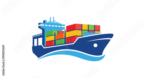 Stylized illustration of a container ship with brightly colored cargo containers